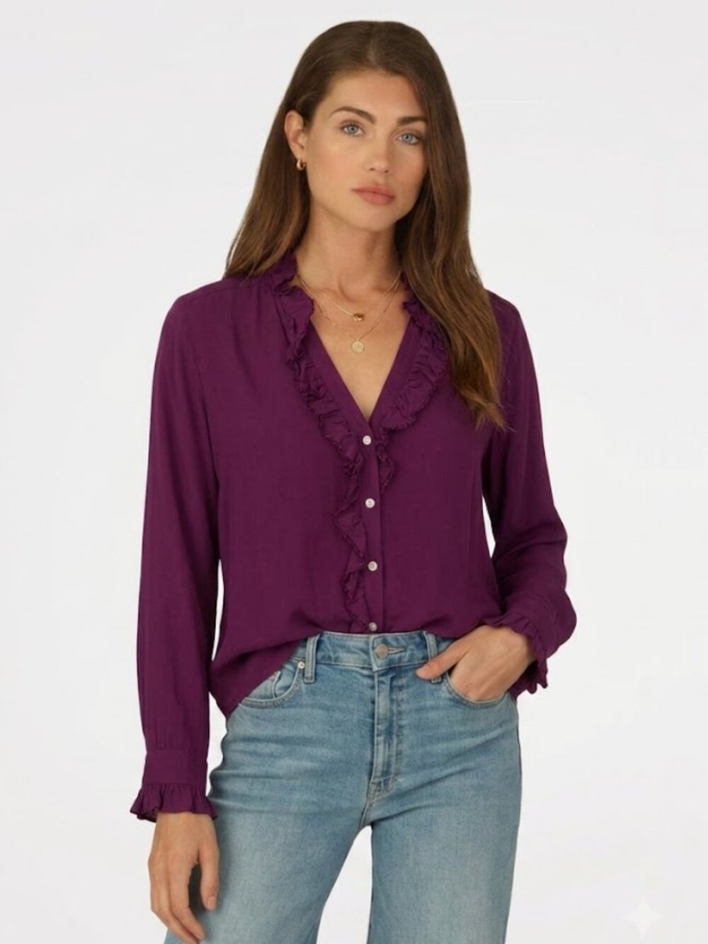 Dylan Ruffle Trim Blouse Plum Purple Long Sleeve Size L